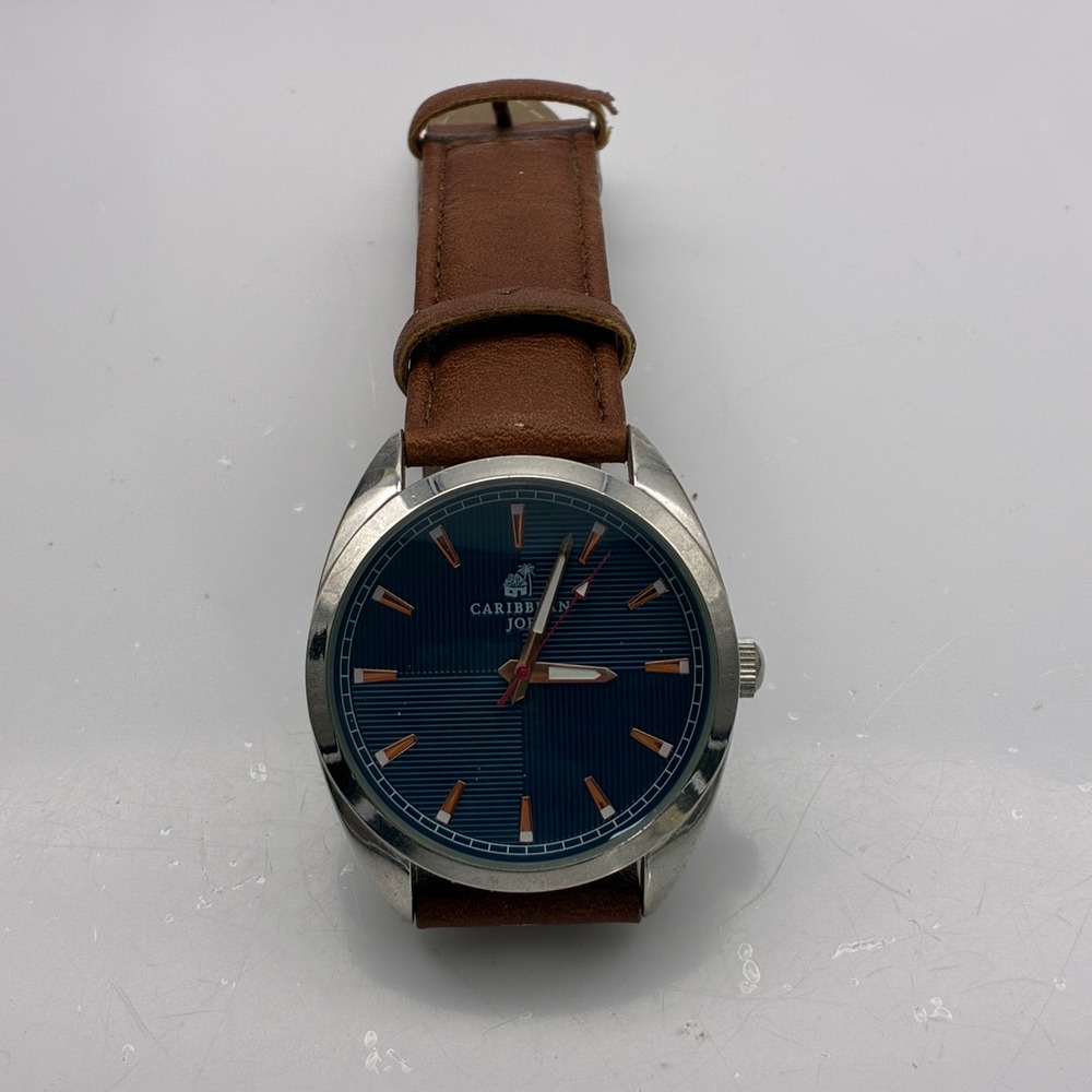 Caribbean Joe CJ7101SL Mens Watch Blue Textured Dial Brown Leather Strap 3ATM